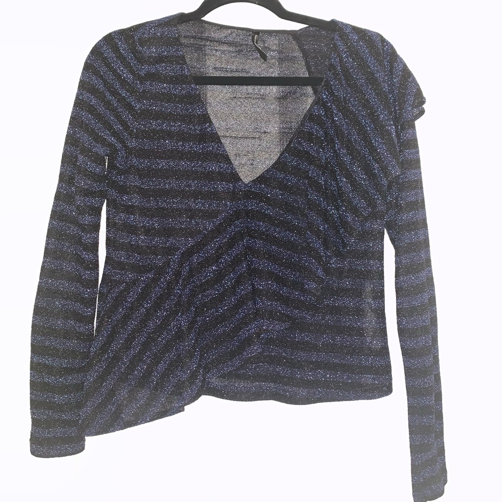 ZARA BLUE-BLACK STRIPED RUFFLE LONG SLEEVE